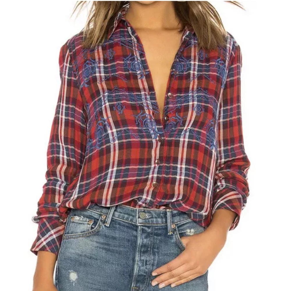 Free People Red and Blue Plaid Button Down Shirt